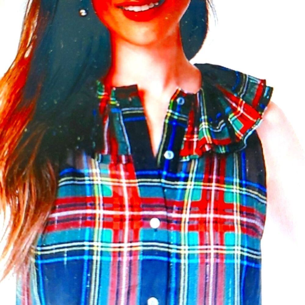J Crew sleeveless ruffle collar tartan plaid shirt top women M * JCrew